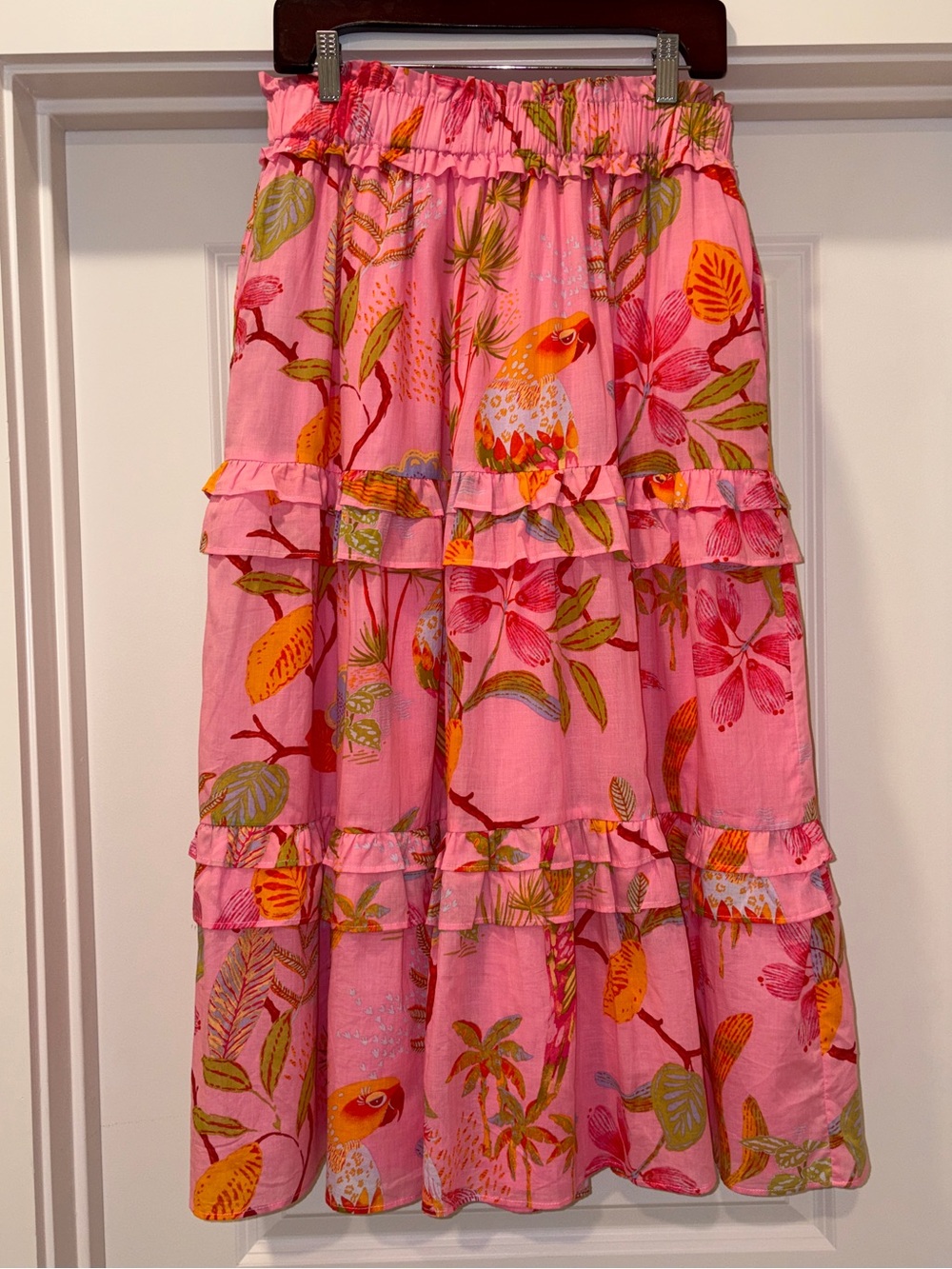 J. Marie Maxi Pink Tropical Print Skirt Tiered 100% Cotton Fly Lined Sz Medium